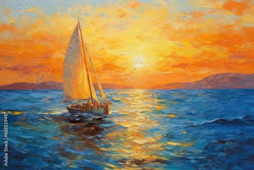 oil painting sailing yacht with ray of sunset