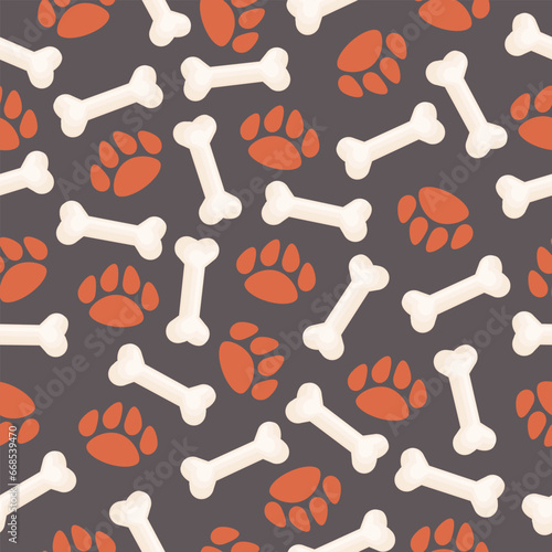 Paw and bone vecror pattern. Animal footsteps seamless texture photo