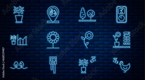 Set line Chicken farm and camera, Flower status, Trees, statistics, Plant in pot, and Tractor location icon. Vector