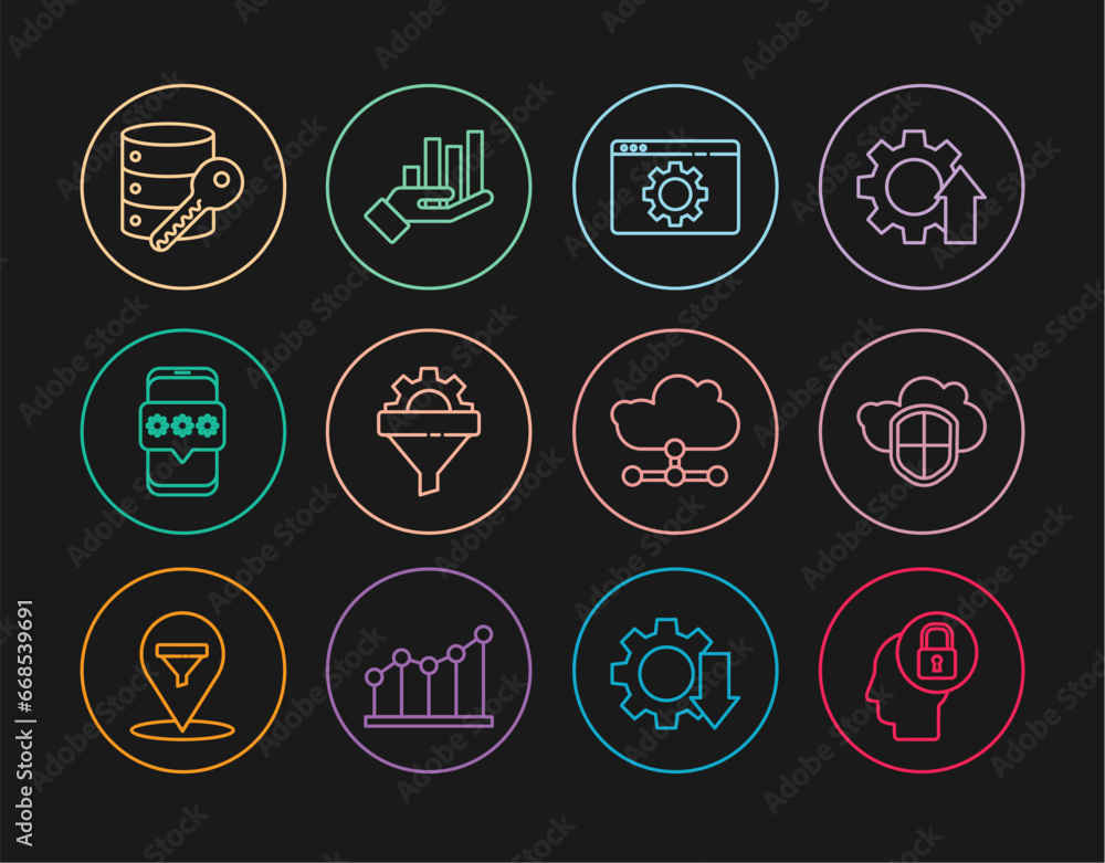 Set line Human head with lock, Cloud and shield, Browser setting, Sales funnel gear, Mobile password, Server security key, Network cloud connection and Pie chart infographic icon. Vector
