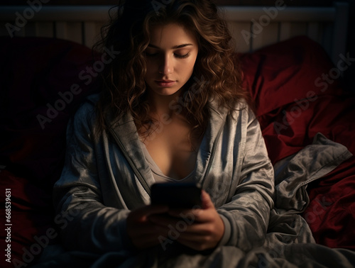 Girl scrolling through social networks on mobile phone late at night in dark bedroom.