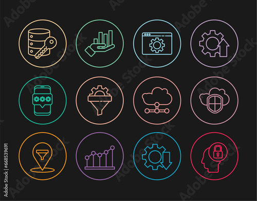 Set line Human head with lock, Cloud and shield, Browser setting, Sales funnel gear, Mobile password, Server security key, Network cloud connection and Pie chart infographic icon. Vector