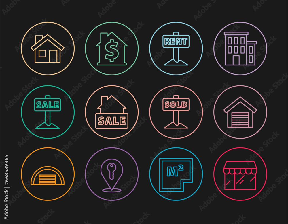 Set line Market store, Garage, Hanging sign with Rent, Sale, House, text Sold and dollar symbol icon. Vector