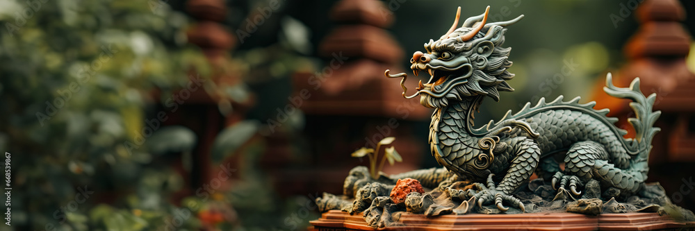 A figurine of a green Chinese Dragon on a table against the background of a green courtyard behind house, a space with a wish for happiness in new year or an invitation to a holiday, Chinese New Year - obrazy, fototapety, plakaty 