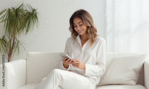 Young beautiful woman using smartphone and sitting on couch at white modern living room.
