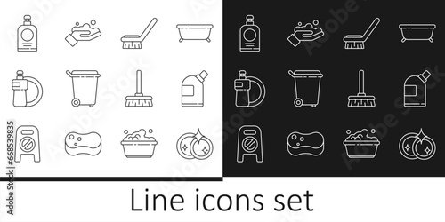 Set line Washing dishes, Bottles for cleaning agent, Brush, Trash can, Dishwashing liquid bottle and plate, Hand sanitizer, Handle broom and hands with soap icon. Vector