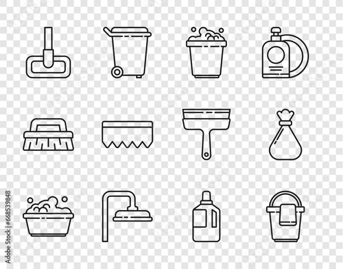 Set line Plastic basin with soap suds, Bucket rag, Shower head, Mop, Sponge bubbles, Fabric softener and Garbage bag icon. Vector