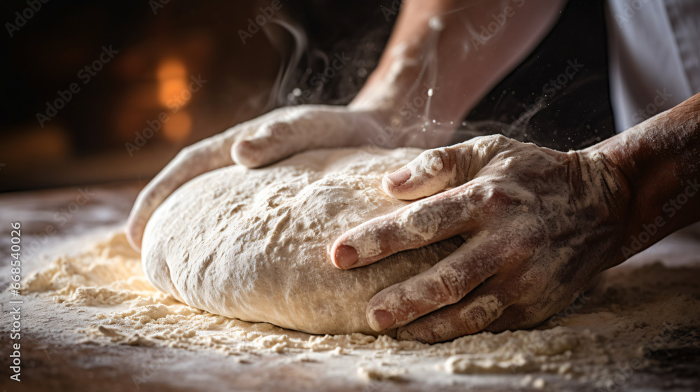 Hands of a baker working the dough to make the bread