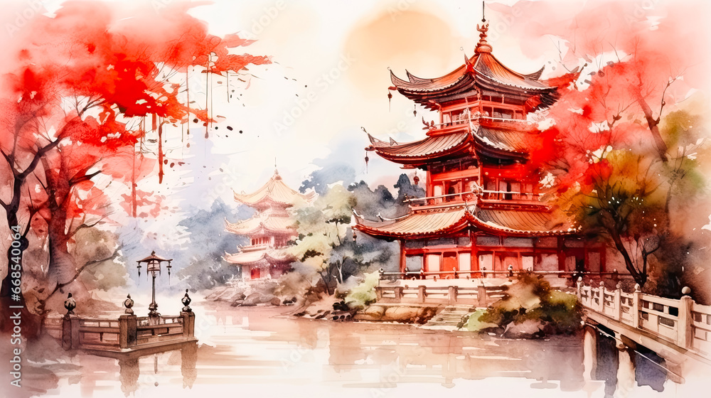 Watercolor drawing of a red pagoda over a calm lake, an idea for a poster or poster for the Chinese New Year, wishes for happiness and well-being in family and loved ones