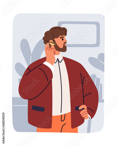 Business man receiving, answering incoming mobile phone call with earbud. Bus...