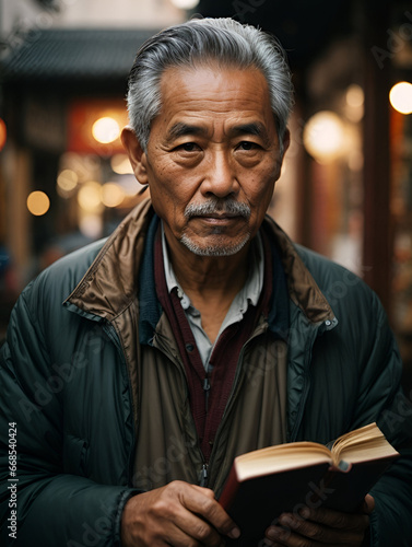 Asian senior man reading a book in the street, lifestyle concept.