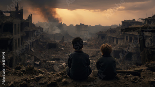 Children are sitting and looking at the ruins of the country from the war.