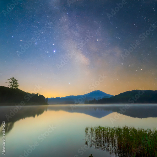 星空の下、穏やかな湖の夜明け