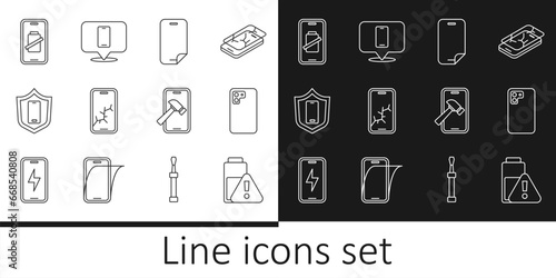 Set line Smartphone battery charge, Glass screen protector, Mobile with broken, shield, and Phone repair service icon. Vector