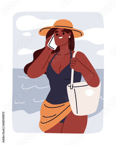 Woman calling, speaking on mobile phone on summer vacation. Happy black girl ...