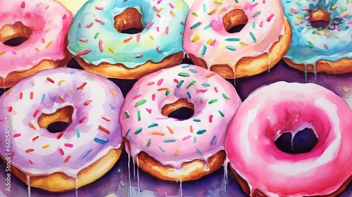 Whimsical pastel watercolor donuts. AI generated