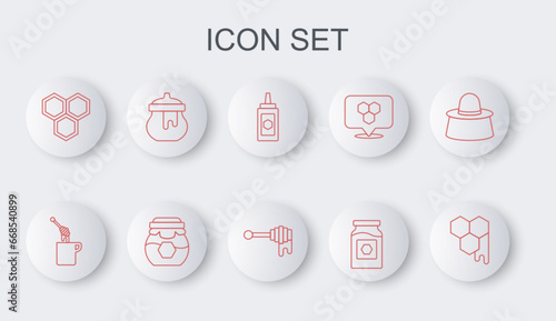 Set line Honeycomb, dipper stick with honey, Jar of, and icon. Vector