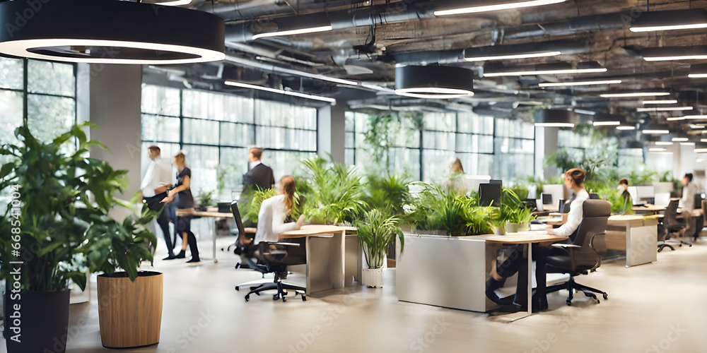 Bright business workplace with people in walking in blurred motion in modern office space. of green plants of deep forest style. Bright business workplace with people in walking in blurred motion in modern office space. of green plants of deep forest style.