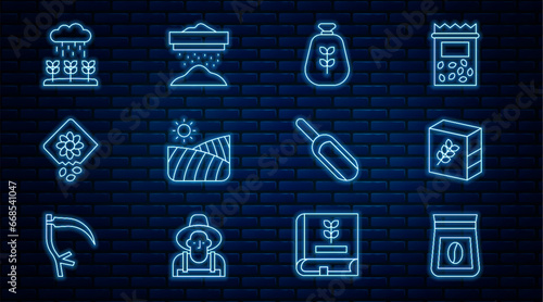 Set line Bag of coffee beans, Flour pack, flour, Agriculture wheat field, Pack full seeds plant, Plant sprouts grow in the rain, Scoop and Sifting icon. Vector