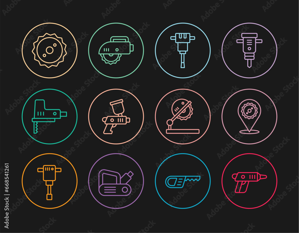Set line Electric cordless screwdriver, Circular saw blade, Construction jackhammer, Paint spray gun, jigsaw, Table for woodwork and circular icon. Vector Set line Electric cordless screwdriver, Circular saw blade, Construction jackhammer, Paint spray gun, jigsaw, Table for woodwork and circular icon. Vector