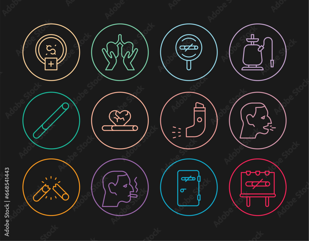 Set line No smoking, Man coughing, Heart disease with, Cigarette, Stop money saving, Inhaler and Lungs icon. Vector Set line No smoking, Man coughing, Heart disease with, Cigarette, Stop money saving, Inhaler and Lungs icon. Vector