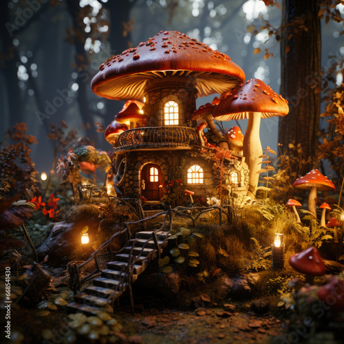 Miniature fairy house in amanita muscaria mushroom. Fairy tale mushroom house in the middle of a magical forest