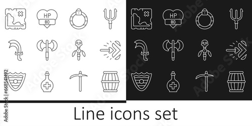 Set line Gun powder barrel, Magic arrow, stone ring, Medieval poleaxe, Sword for game, Pirate treasure map, staff and Video icon. Vector
