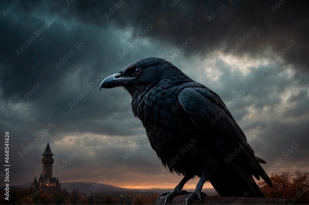 Fototapeta premium AI generated illustration of a black raven perched against a tower on a cloudy day