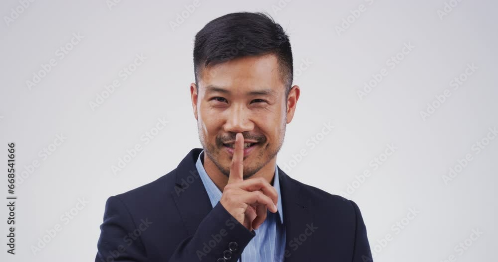 Face, business man and finger on lips in studio for secret, privacy or confidential mystery on white background. Portrait of asian employee show silence, quiet emoji or whisper sign for surprise news