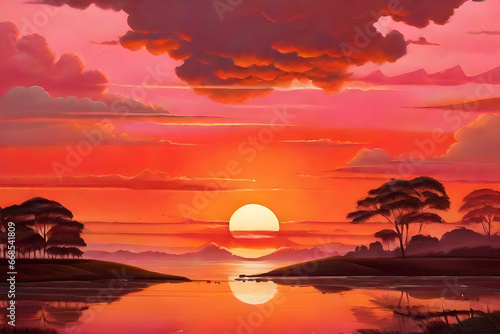 Beautiful sunset over the sea. Nature landscape background. Digital painting.