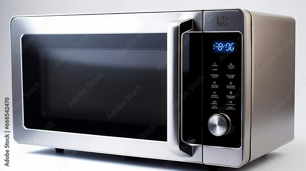 Fototapeta premium Slim stainless steel microwave with sensor cooking. AI generated