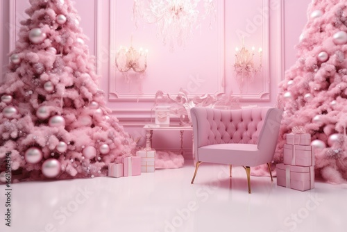 Pink glamour interior with empty space for product. 3d render style  Christmas and new year pedestal or podium