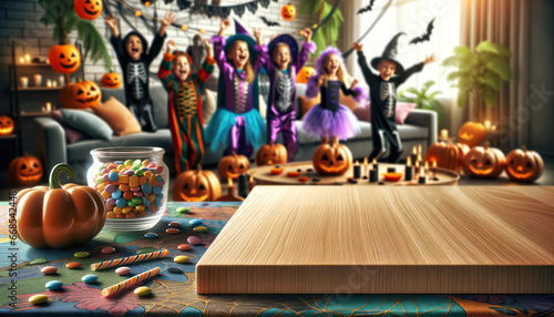 Halloween-ready living room table, with celebrating children and candies creating a lively backdrop.