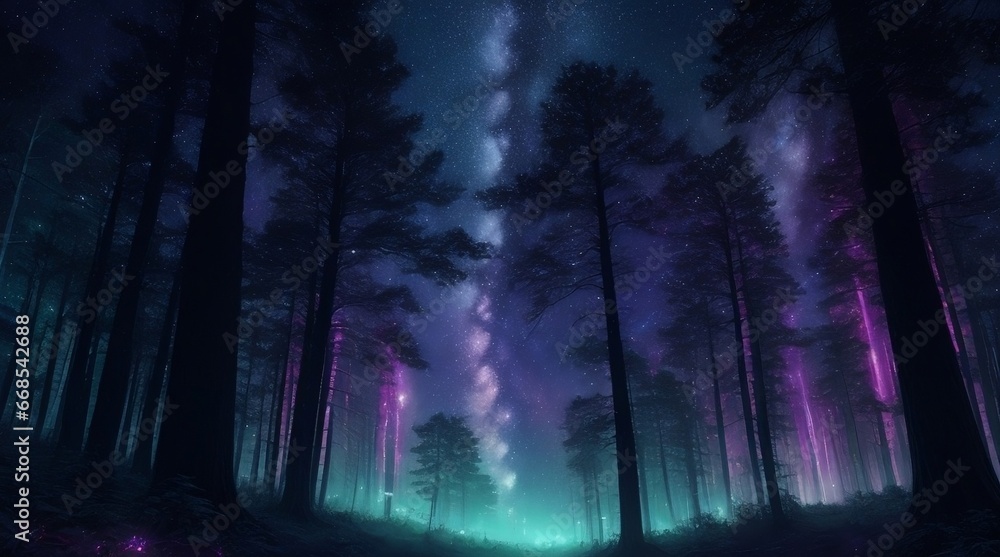 A surreal and dreamlike scene of a starry sky above a dense forest, with the trees aglow in a rainbow of bioluminescent hues.