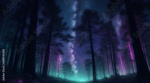 A surreal and dreamlike scene of a starry sky above a dense forest, with the trees aglow in a rainbow of bioluminescent hues. © ArtisticVisions