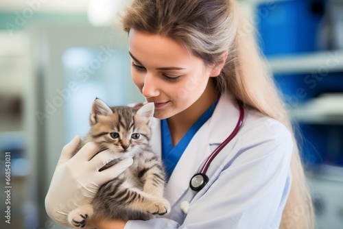 A young female veterinarian examines a kitten