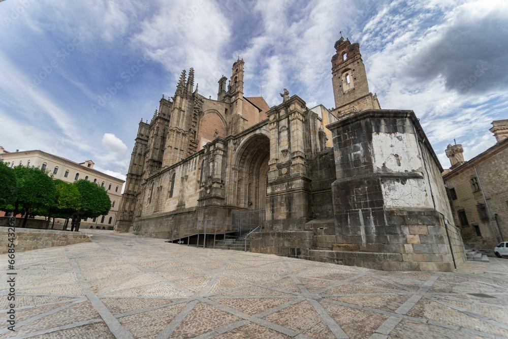 Spectacular panoramic view of the cathedral of Plasencia of gothic renaissance style