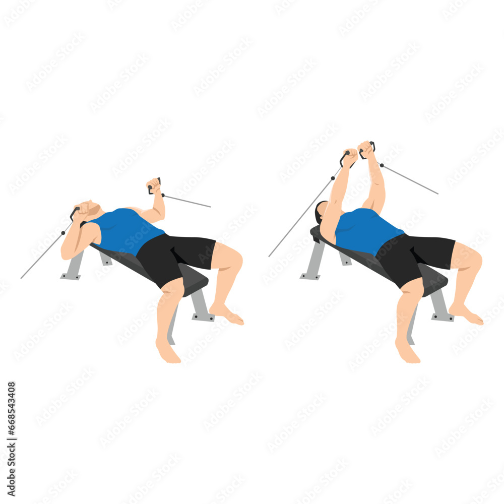 Man doing lying crossover bench press. Cable crossover press. cable