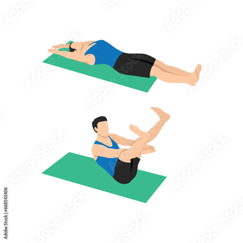 Man doing star crunch or crunches. Abdominals exercise. Flat vector illustration isolated on white background