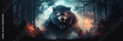 Illustration horror background with a roaring werewolf