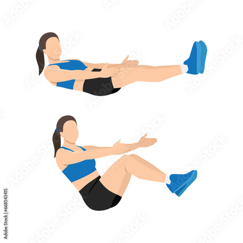 Woman doing the suitcase sit up exercise. Flat vector illustration isolated on white background