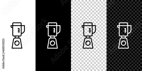 Set line Blender icon isolated on black and white, transparent background. Kitchen electric stationary blender with bowl. Cooking smoothies, cocktail or juice. Vector