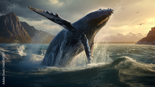 Humpback whale jumping over the sea © Natia