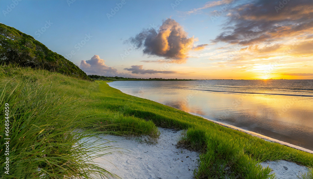 Sunset White Sand, Green Grass, and Sea Beauty