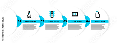Set line Household chemicals bottle, Laptop with envelope, Traffic light and Church building icon. Vector