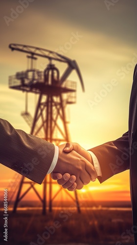 Oil pump. Engineers handshake. handshake oil contract. handshake worker and businessman shaking hands against the backdrop of an oil pump. oil extraction business concept.