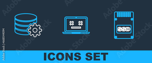 Set line SSD card, Setting database server and Dead laptop icon. Vector