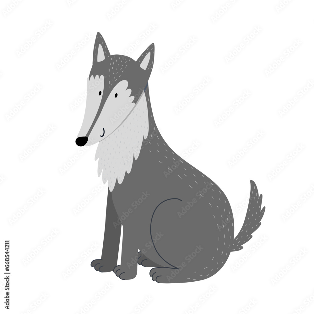 Cute wolf in a sitting position. Forest character in cartoon style for kids design. Woodland animal isolated on white background. Vector illustration