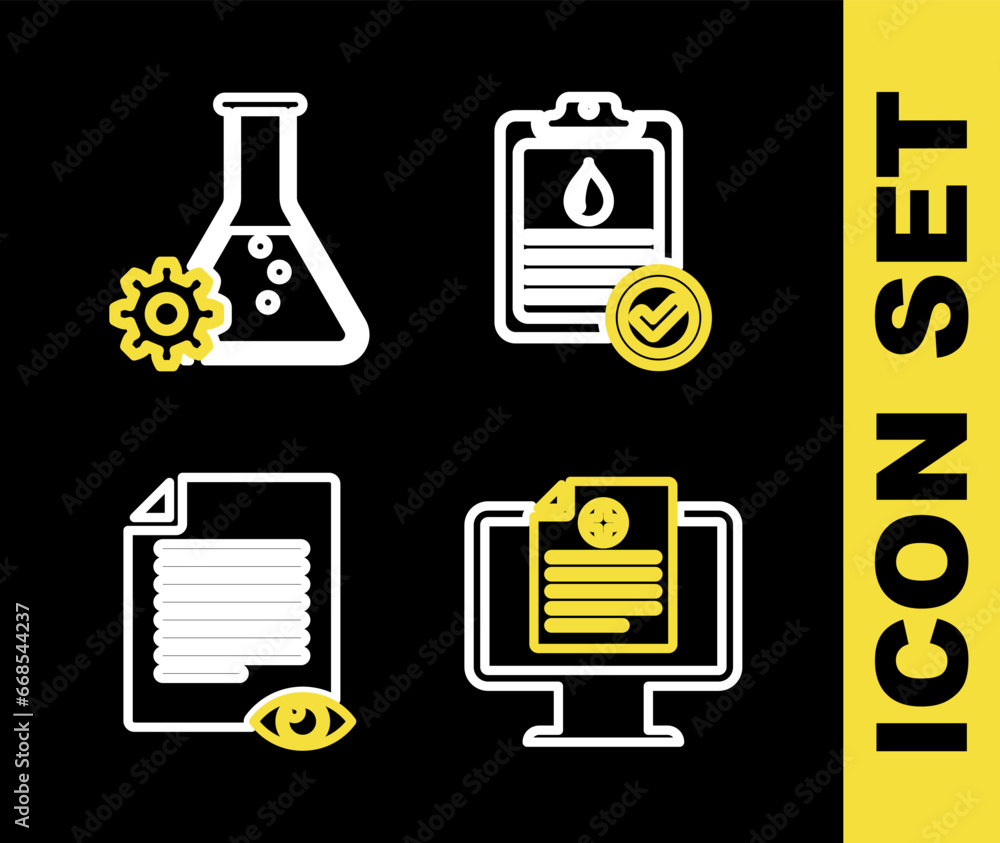 Set line Clipboard with blood test, Clinical record on monitor, Paper page eye and Bioengineering icon. Vector Set line Clipboard with blood test, Clinical record on monitor, Paper page eye and Bioengineering icon. Vector