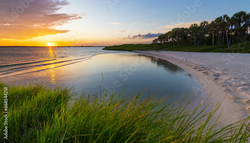 Sunset White Sand, Green Grass, and Sea Beauty